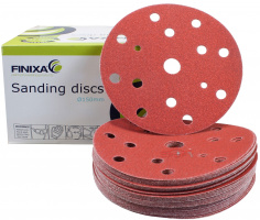 FINIXA Sanding Discs with 15 Holes - 150mm, Red, 100 pieces