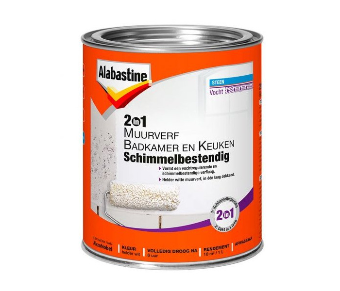 Alabastine 1in2 Muurverf Badkamer & Keuken Wit 2,5 liter