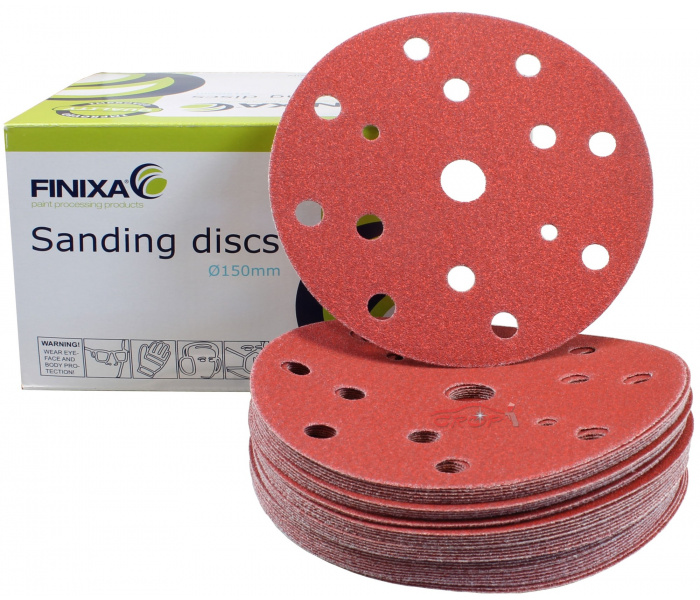 FINIXA Sanding Discs with 15 Holes - 150mm, Red, 100 pieces